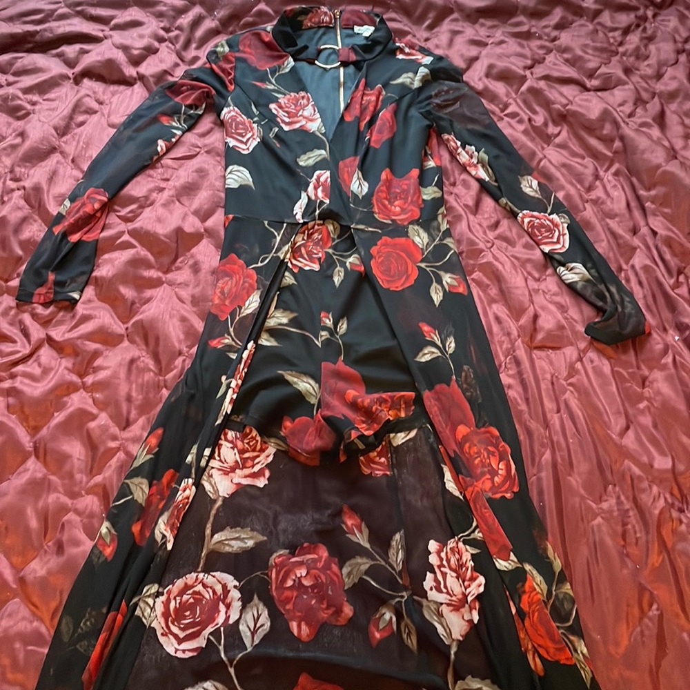 Black jumpsuit with shorts and over-skirt with red rose pattern